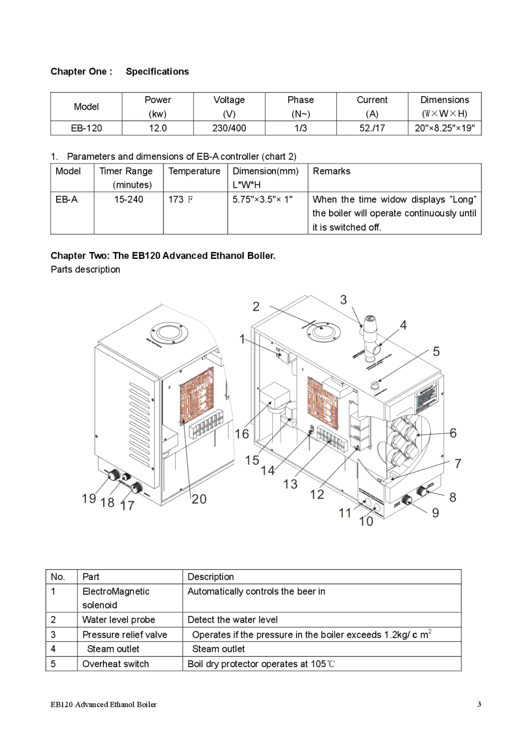 Allard manual Chapter One, Chapter Two The EB120 Advanced Ethanol Boiler 