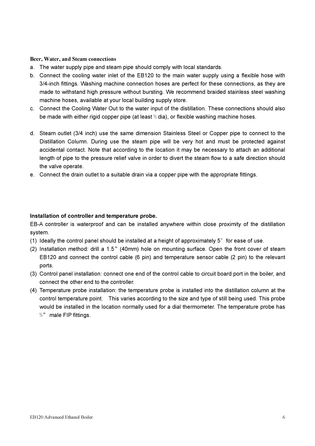 Allard EB120 manual Beer, Water, and Steam connections, Installation of controller and temperature probe 