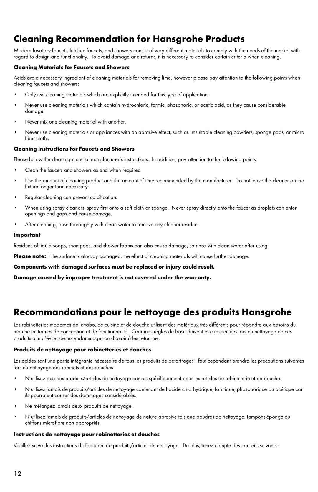 Allegro Industries 04067XX0, 04066XX1, 04066XX0, 06460XX0, 06461XX0, 06461XX1 Cleaning Recommendation for Hansgrohe Products 