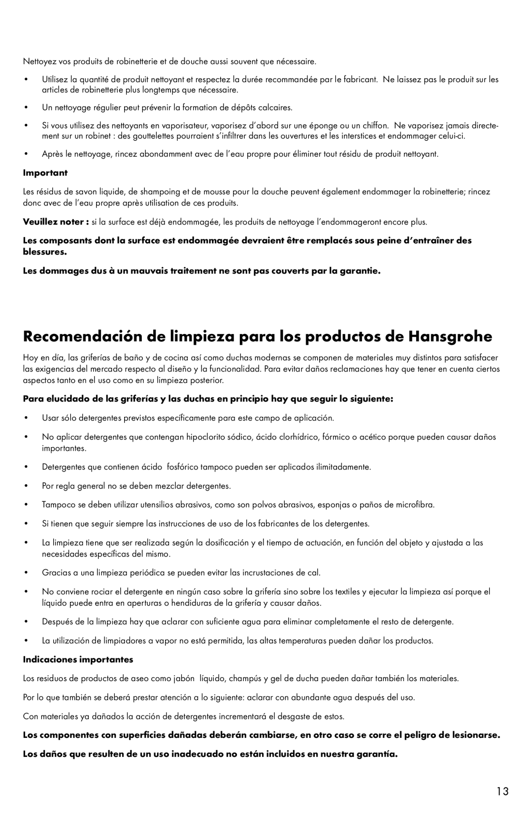 Allegro Industries 04066XX1, 04067XX0, 04066XX0, 06460XX0, 06461XX0 Recomendación de limpieza para los productos de Hansgrohe 