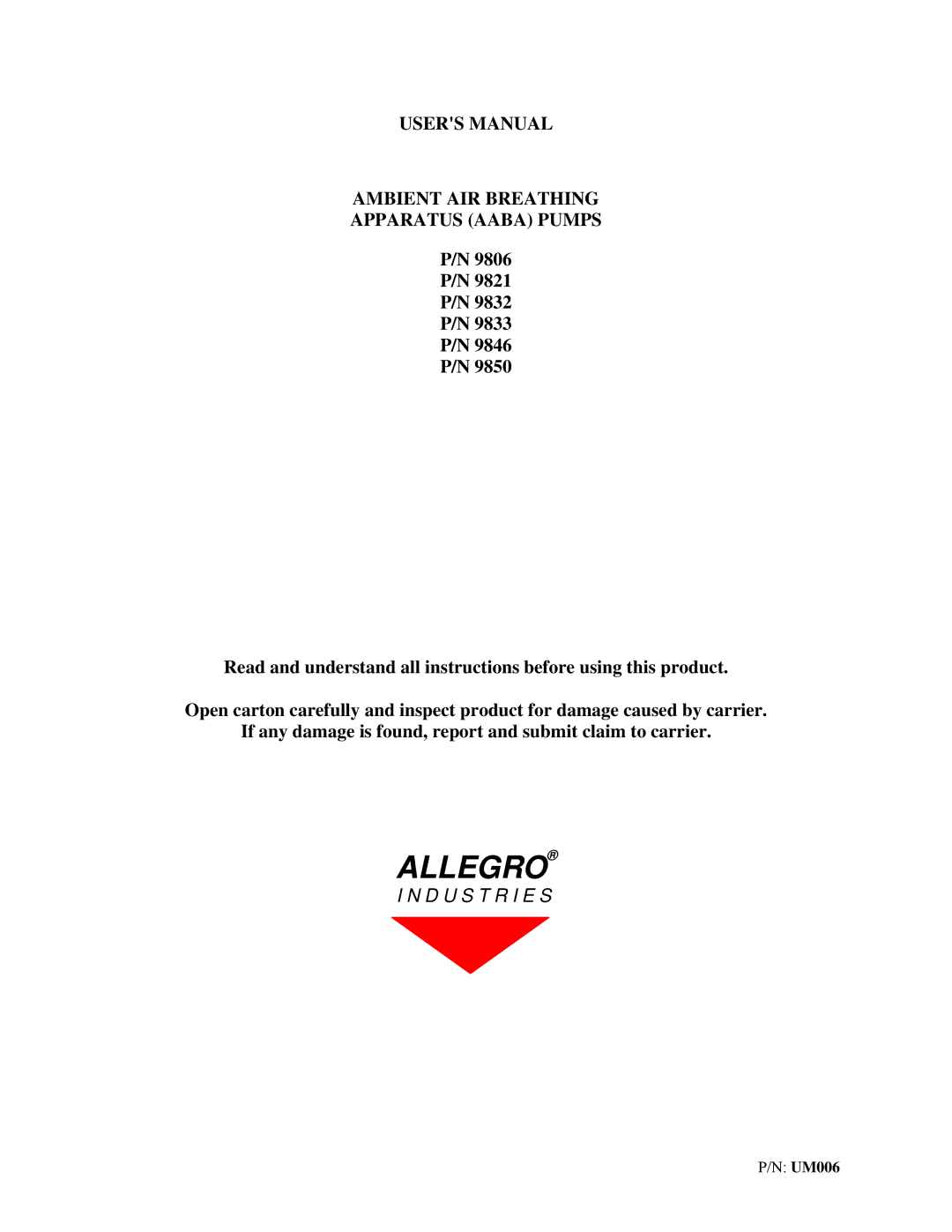 Allegro Industries 9821, 9832, 9806, 9833, 9850, 9846 manual Allegro 