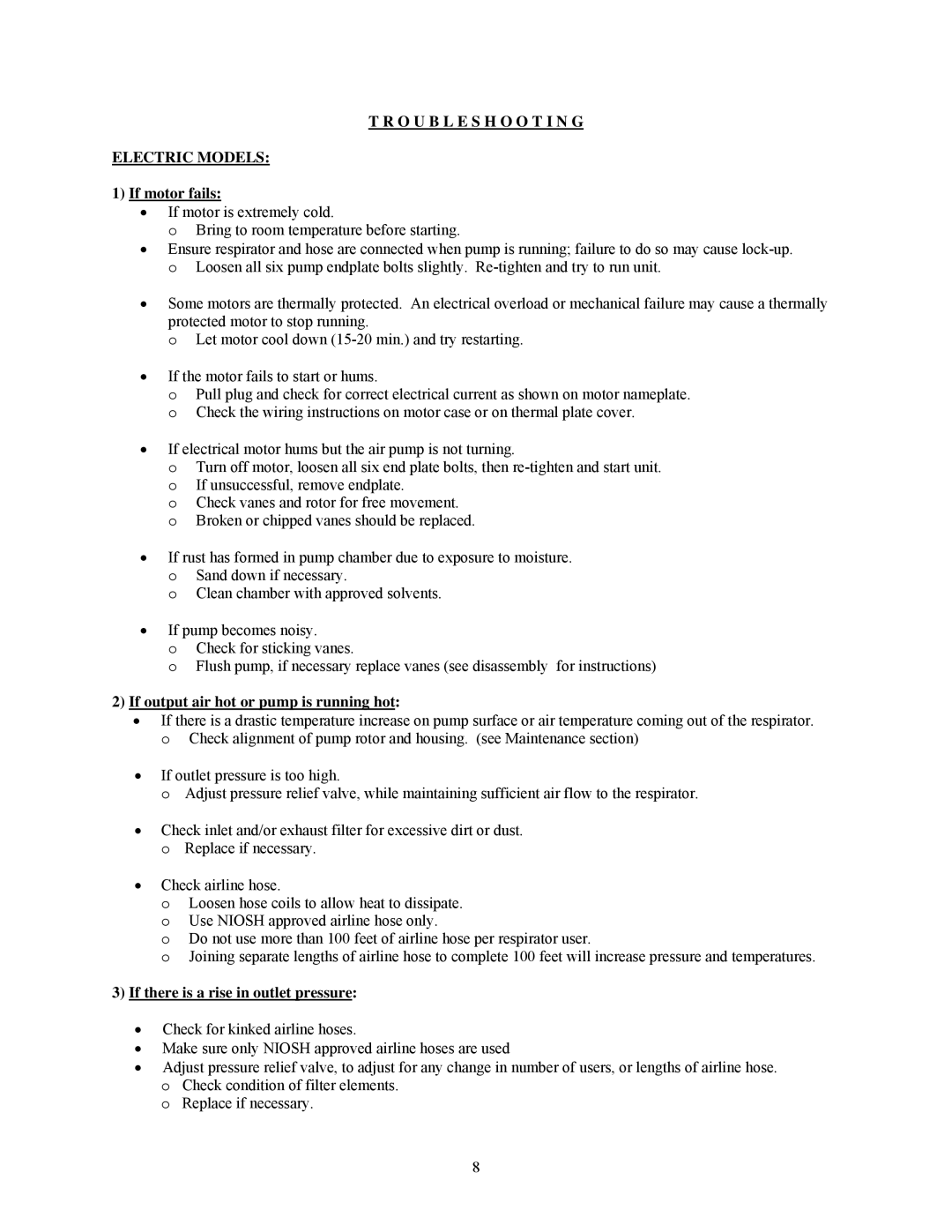 Allegro Industries 9850, 9832 Troubleshooting Electric Models, If motor fails, If output air hot or pump is running hot 