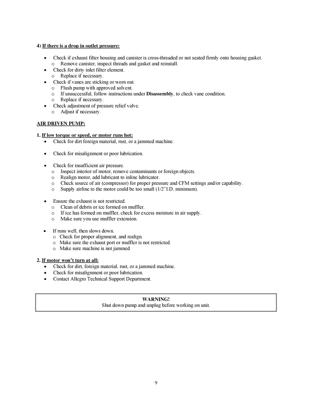 Allegro Industries 9846 If there is a drop in outlet pressure, AIR Driven Pump, If low torque or speed, or motor runs hot 
