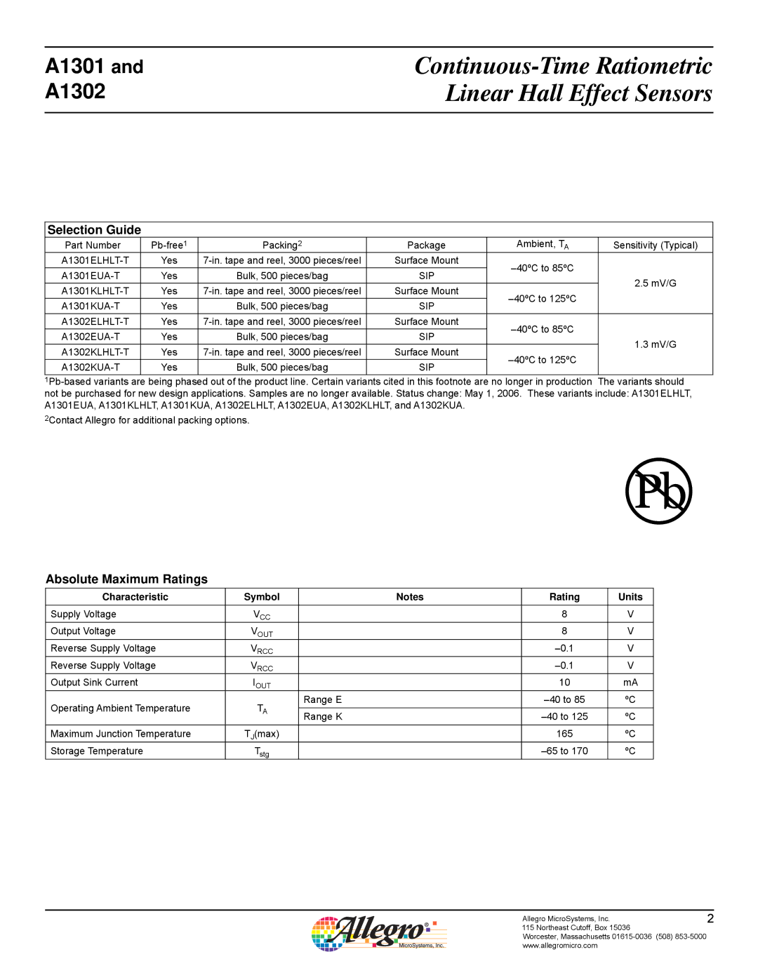 Allegro Multimedia A1302, A1301 manual Continuous-Time Ratiometric Linear Hall Effect Sensors 