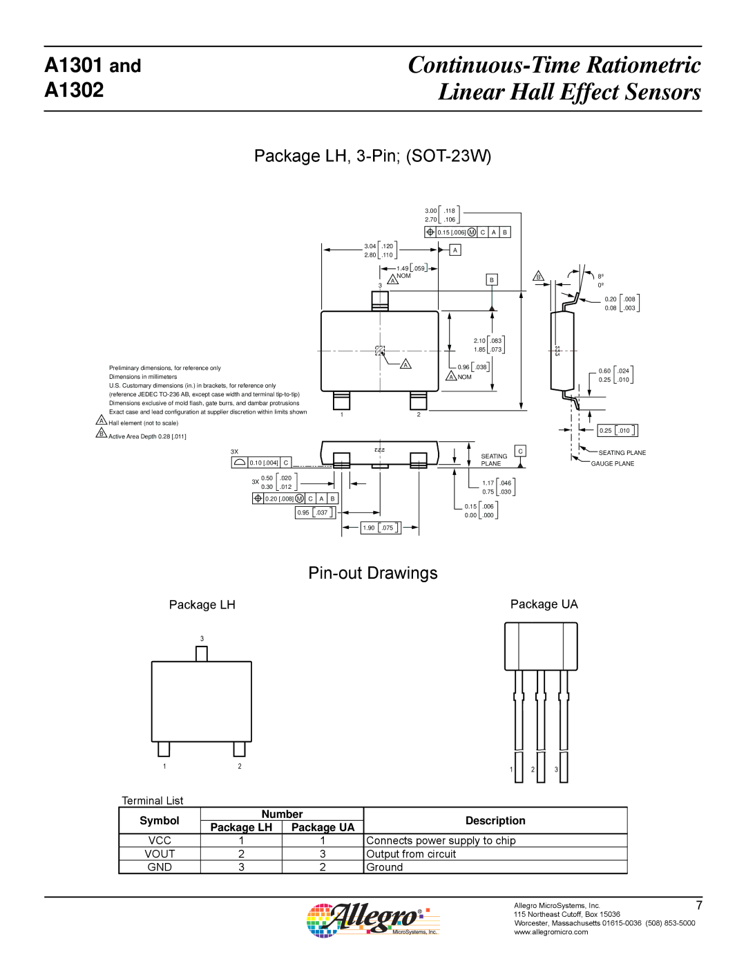 Allegro Multimedia A1301 Package LH, 3-Pin SOT-23W, Pin-out Drawings, Symbol Number Description Package LH Package UA 