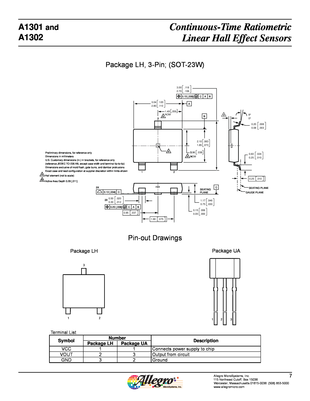 Allegro Multimedia manual Package LH, 3-Pin SOT-23W, Pin-out Drawings, A1301 and A1302, Package UA 