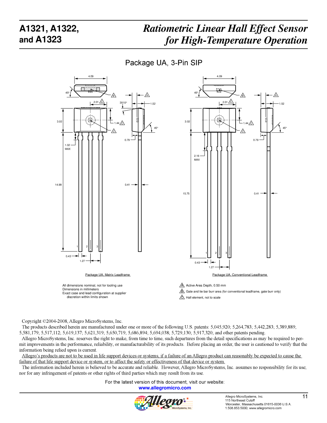 Allegro Multimedia A1321 manual Package UA, 3-Pin SIP 