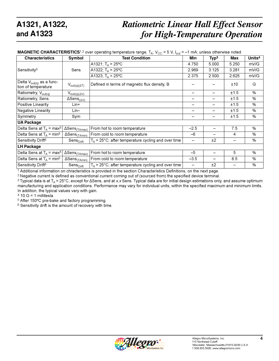 Allegro Multimedia A1321 manual Characteristics Symbol Test Condition Min Typ3 Max Units4, UA Package, LH Package 