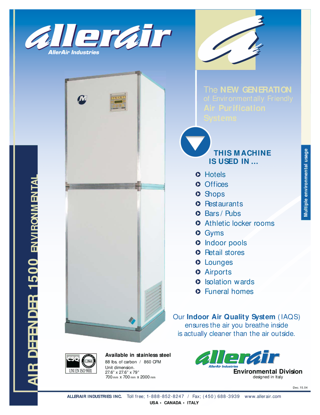 AllerAir manual AIR Defender 1500 Environmental 