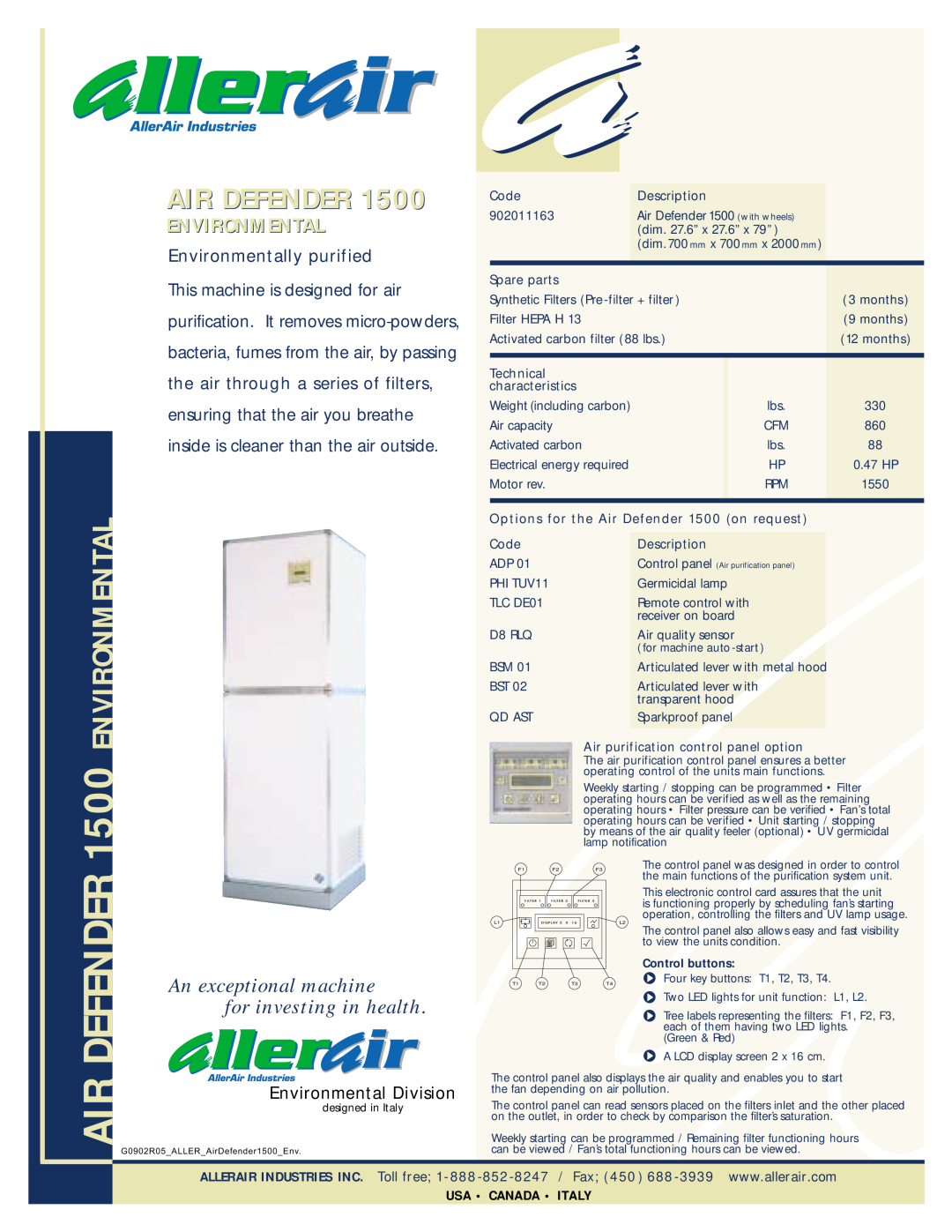 AllerAir AIR DEFENDER 1500 ENVIRONMENTAL, Air Defender, Environmental, An exceptional machine for investing in health 