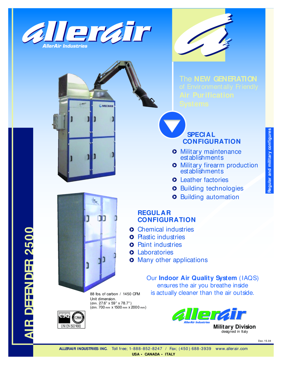 AllerAir 2500 manual Air Defender, The NEW GENERATION, Air Purification Systems, of Environmentally Friendly, Special 