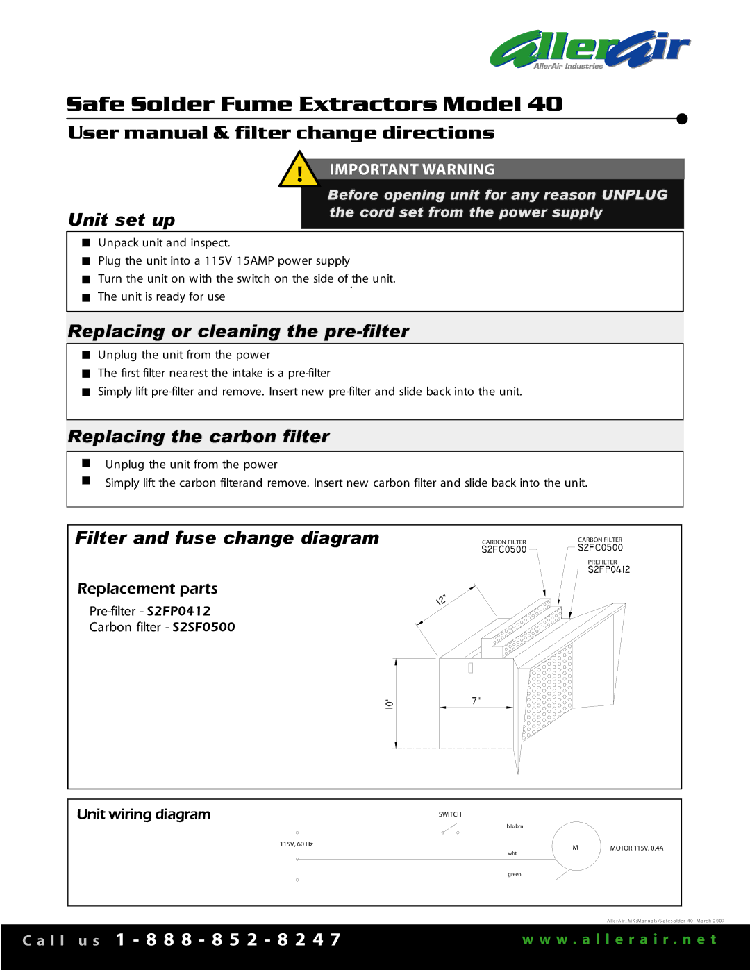 AllerAir 40 user manual Safe Solder Fume Extractors Model, Unit set up, Replacing or cleaning the pre-filter 