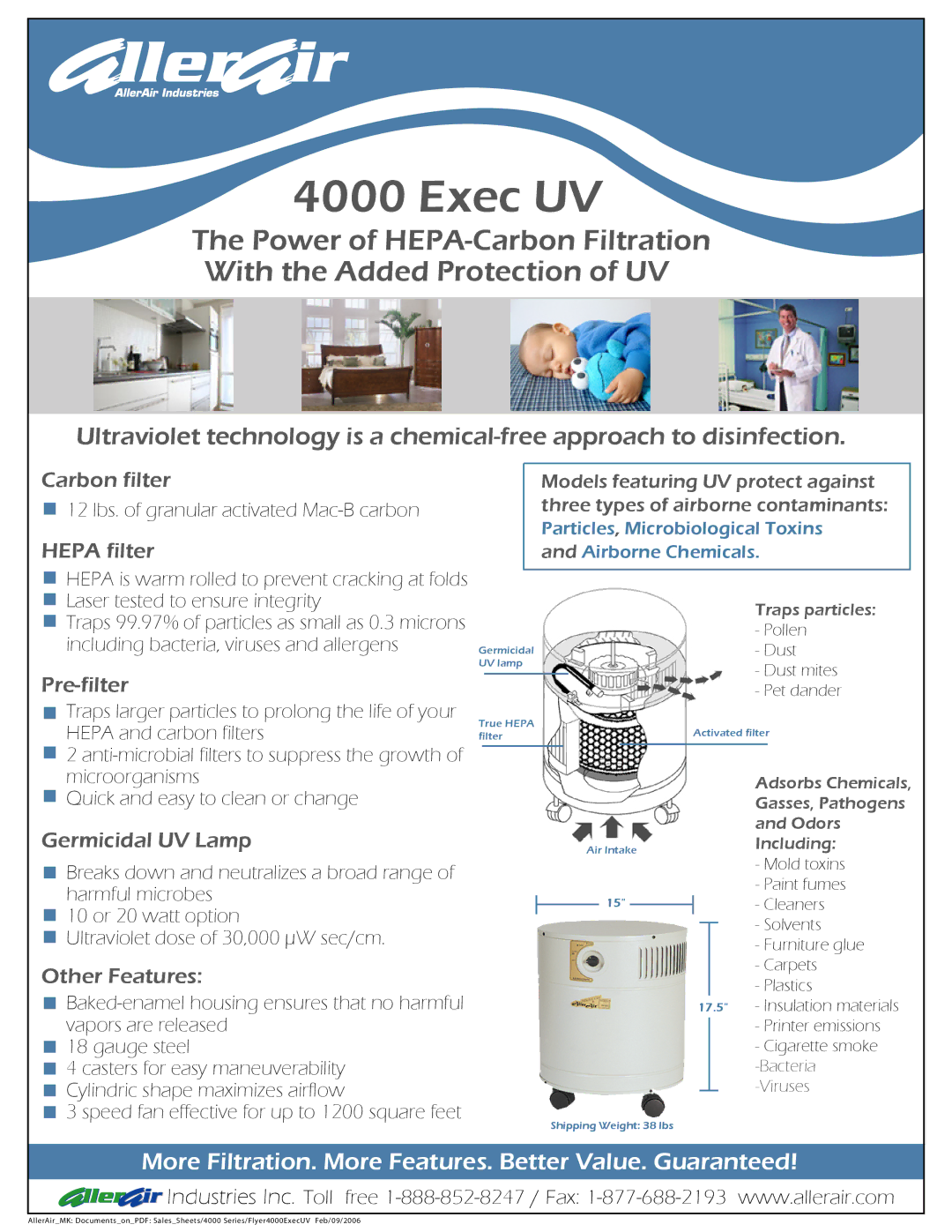 AllerAir 4000 Exec Uv manual Carbon filter, Hepa filter, Pre-filter, Germicidal UV Lamp, Other Features 