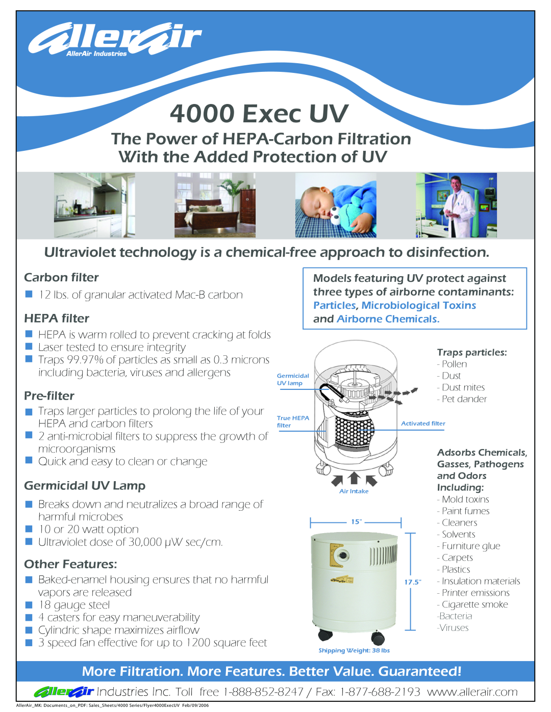 AllerAir 4000 Exec Uv manual The Power of HEPA-CarbonFiltration, With the Added Protection of UV, Exec UV, Carbon filter 