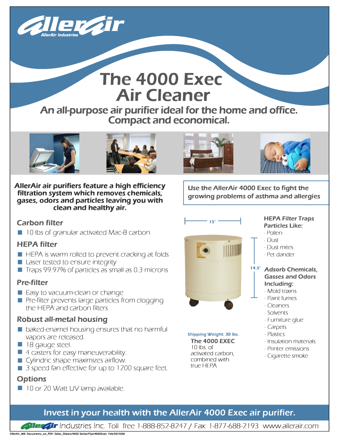 AllerAir 4000 Exec manual Carbon filter, HEPA filter, Pre-filter, Robust all-metalhousing, Options, Compact and economical 