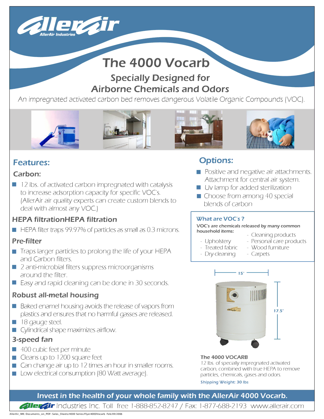 AllerAir 4000 Vocarb manual Specially Designed for Airborne Chemicals and Odors, Features, Options 