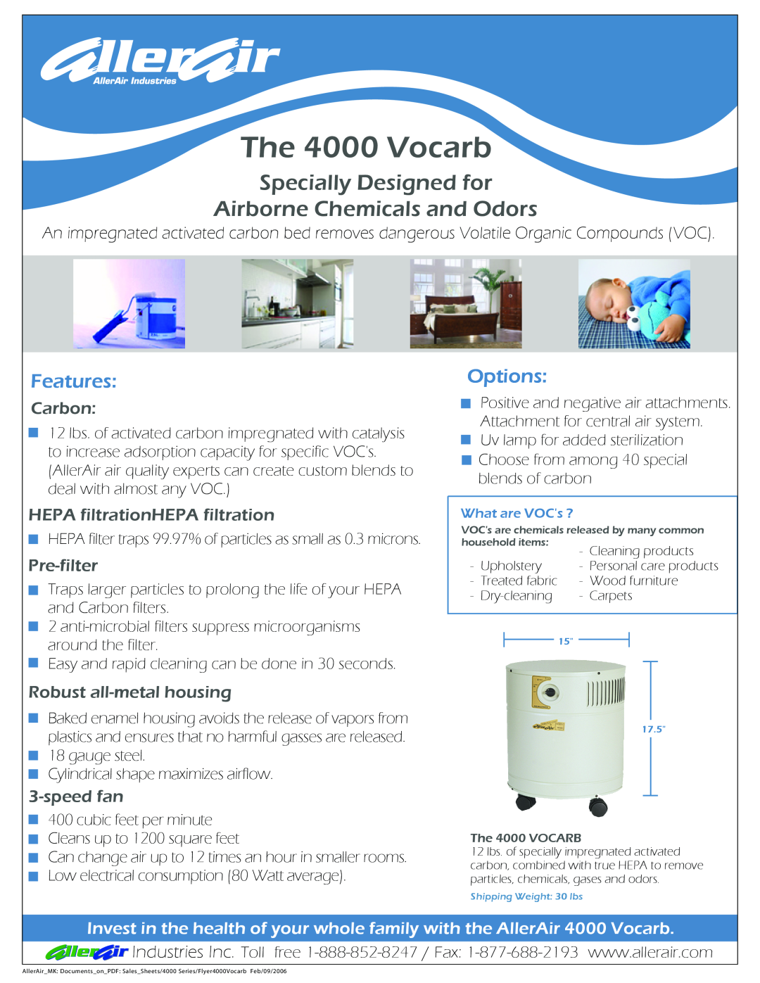 AllerAir 4000 Vocarb manual Specially Designed for Airborne Chemicals and Odors, Carbon, HEPA filtrationHEPA filtration 
