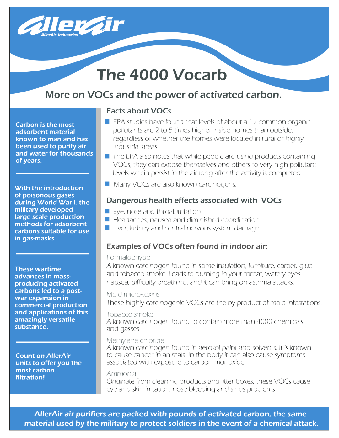 AllerAir More on VOCs and the power of activated carbon, Facts about VOCs, The 4000 Vocarb, Formaldehyde, Tobacco smoke 