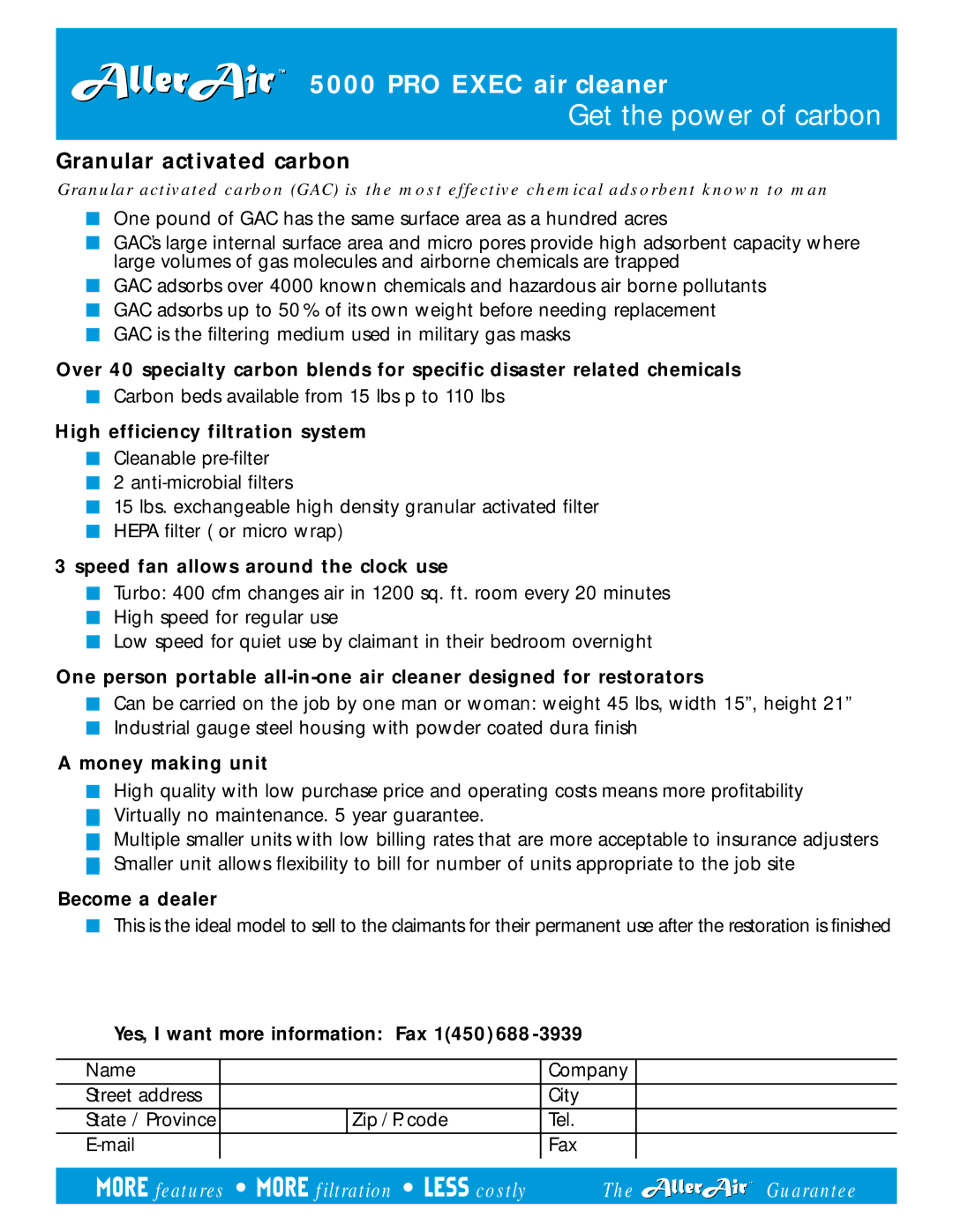 AllerAir 500 Pro Exec H manual High efficiency filtration system, Speed fan allows around the clock use, Money making unit 