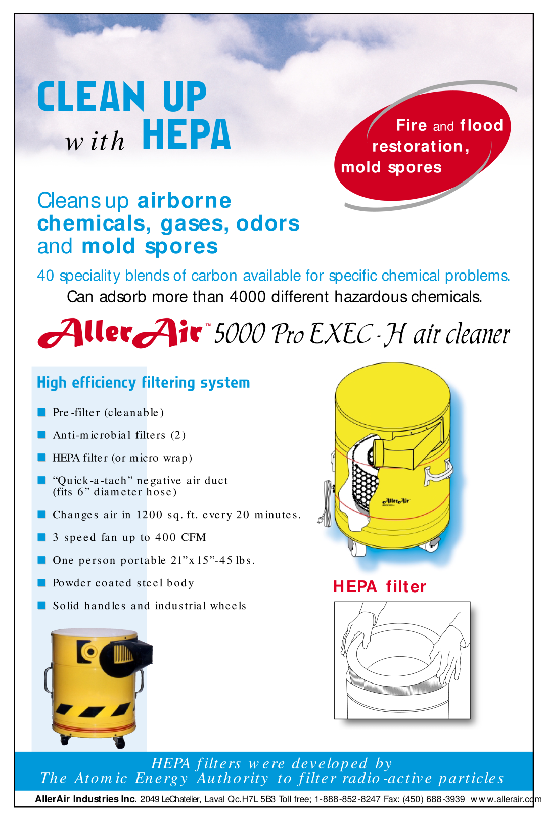 AllerAir 500 Pro Exec H manual Clean Up, Pro EXEC - H air cleaner, with HEPA, Fire and flood restoration mold spores 