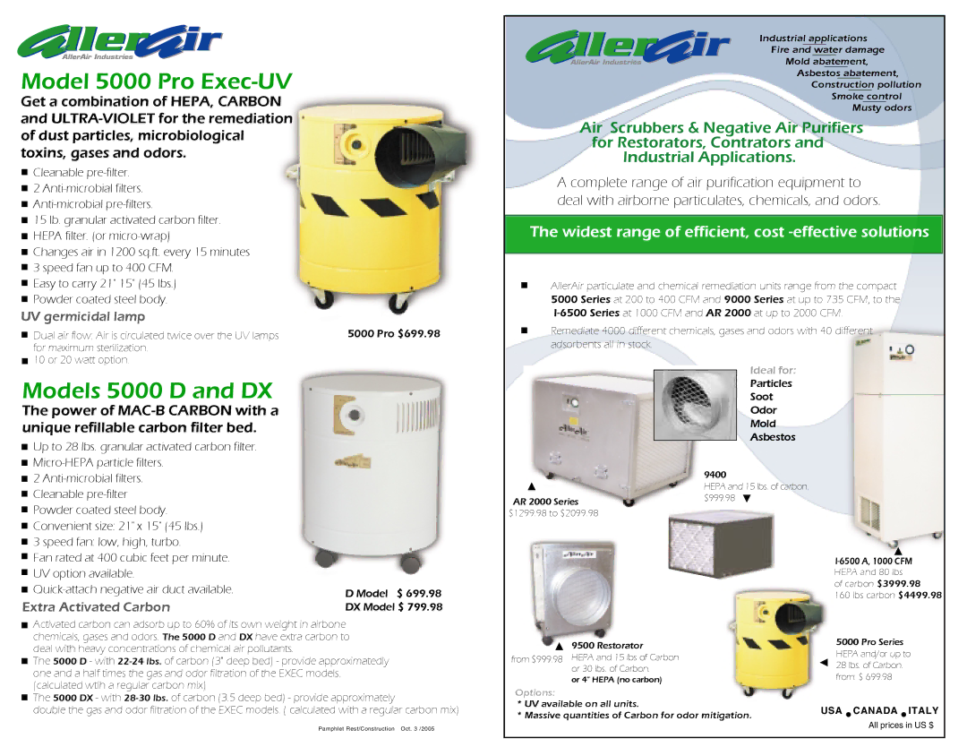 AllerAir 5000 DX manual Model 5000 Pro Exec-UV, Models 5000 D and DX, UV germicidal lamp, Extra Activated Carbon 