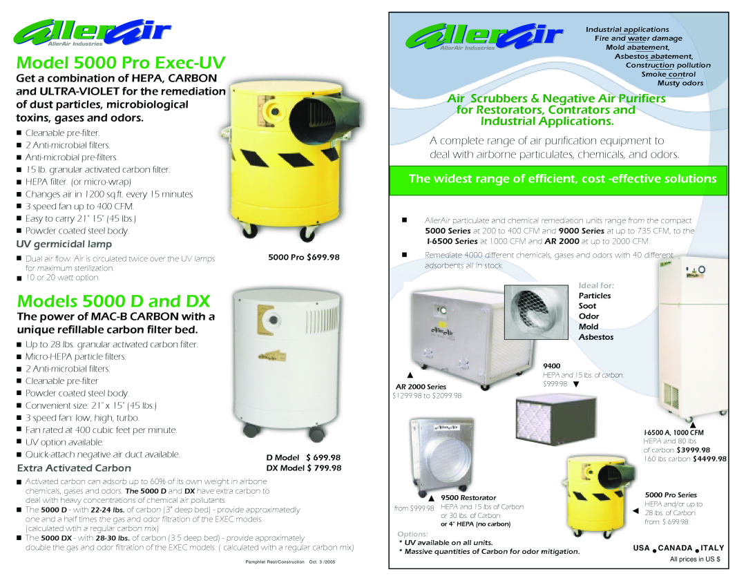 AllerAir 5000 DX manual Model 5000 Pro Exec-UV, Models 5000 D and DX, Air Scrubbers & Negative Air Purifiers 