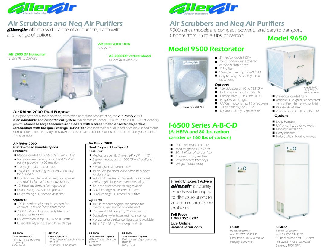AllerAir 5000 DX, 5000 D and DX manual Air Scrubbers and Neg Air Purifiers, Model 9500 Restorator, I-6500Series A-B-C-D 