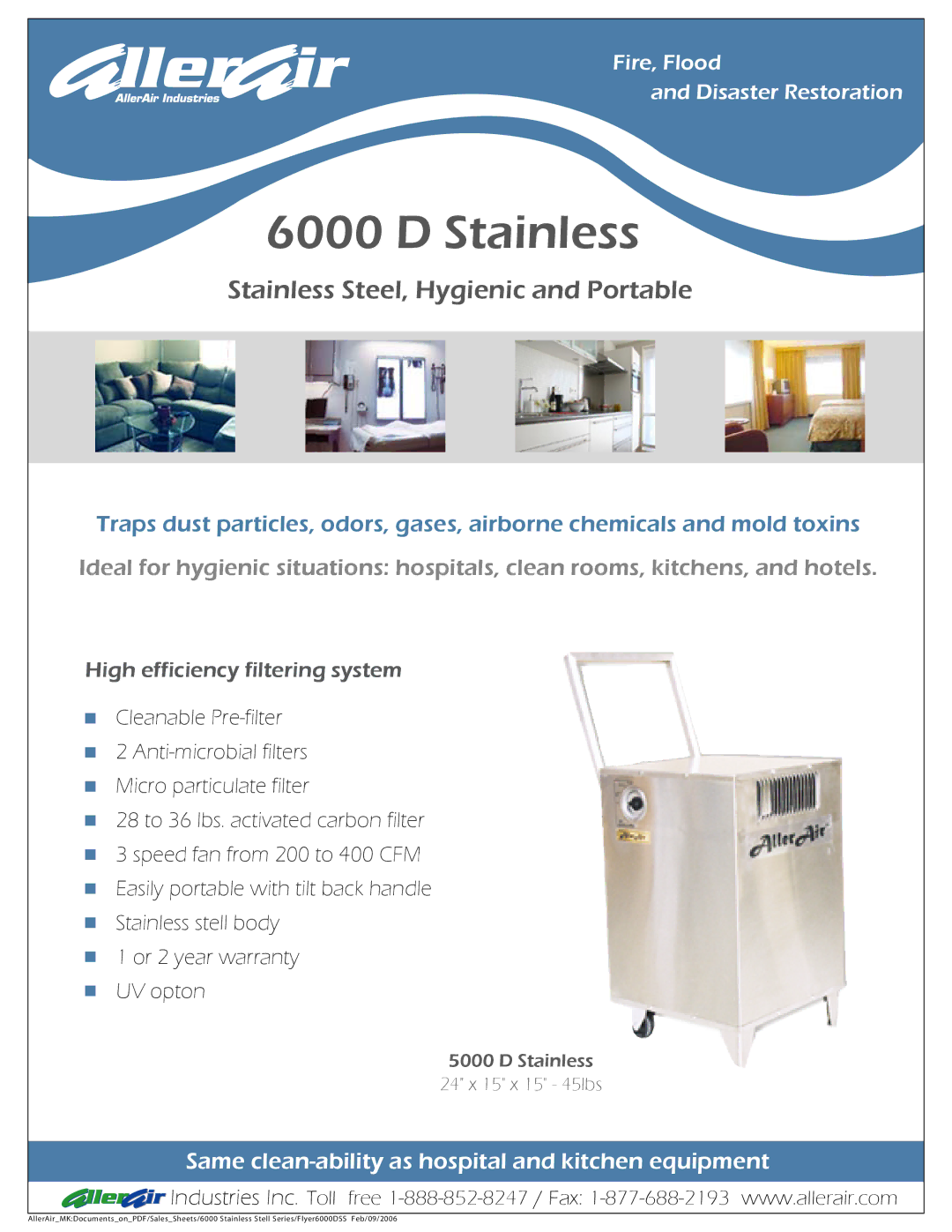 AllerAir 5000 D warranty Stainless Steel, Hygienic and Portable, High efficiency filtering system 