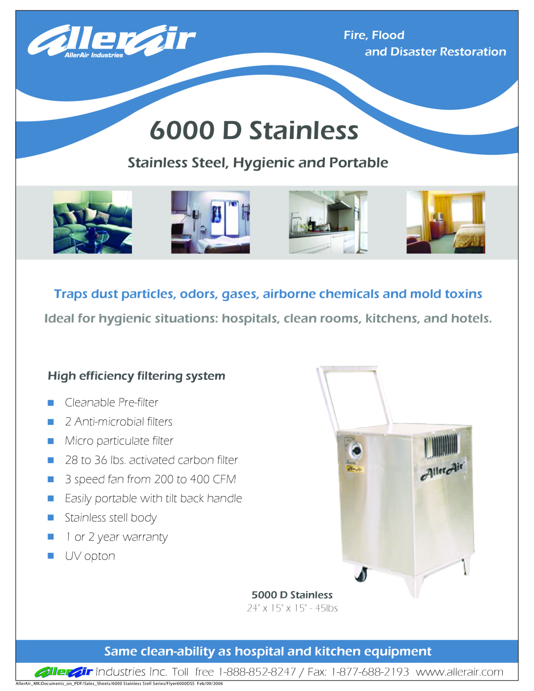 AllerAir 5000 D warranty High efficiency filtering system, D Stainless, Stainless Steel, Hygienic and Portable 