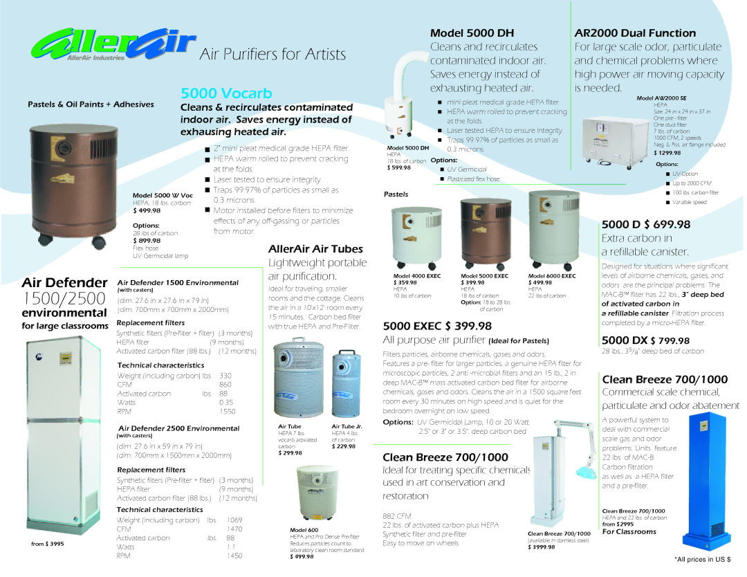 AllerAir 5000 DH manual AllerAir Air Tubes, Lightweight portable, Air purification, Clean Breeze 700/1000, 5000 DX $ 