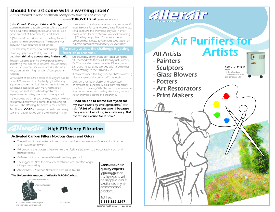 AllerAir 5000 DH manual Air Purifiers for, All Artists, Painters, Sculptors, Glass Blowers, Potters, Art Restorators 