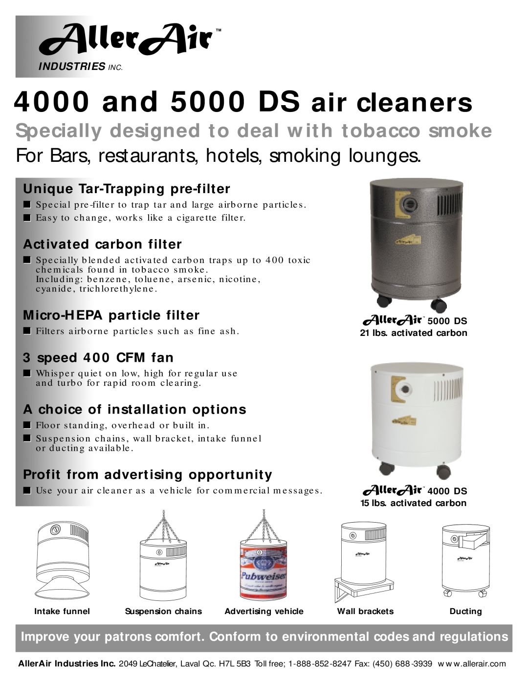 AllerAir manual and 5000 DS air cleaners, Specially designed to deal with tobacco smoke, Unique Tar-Trapping pre-filter 