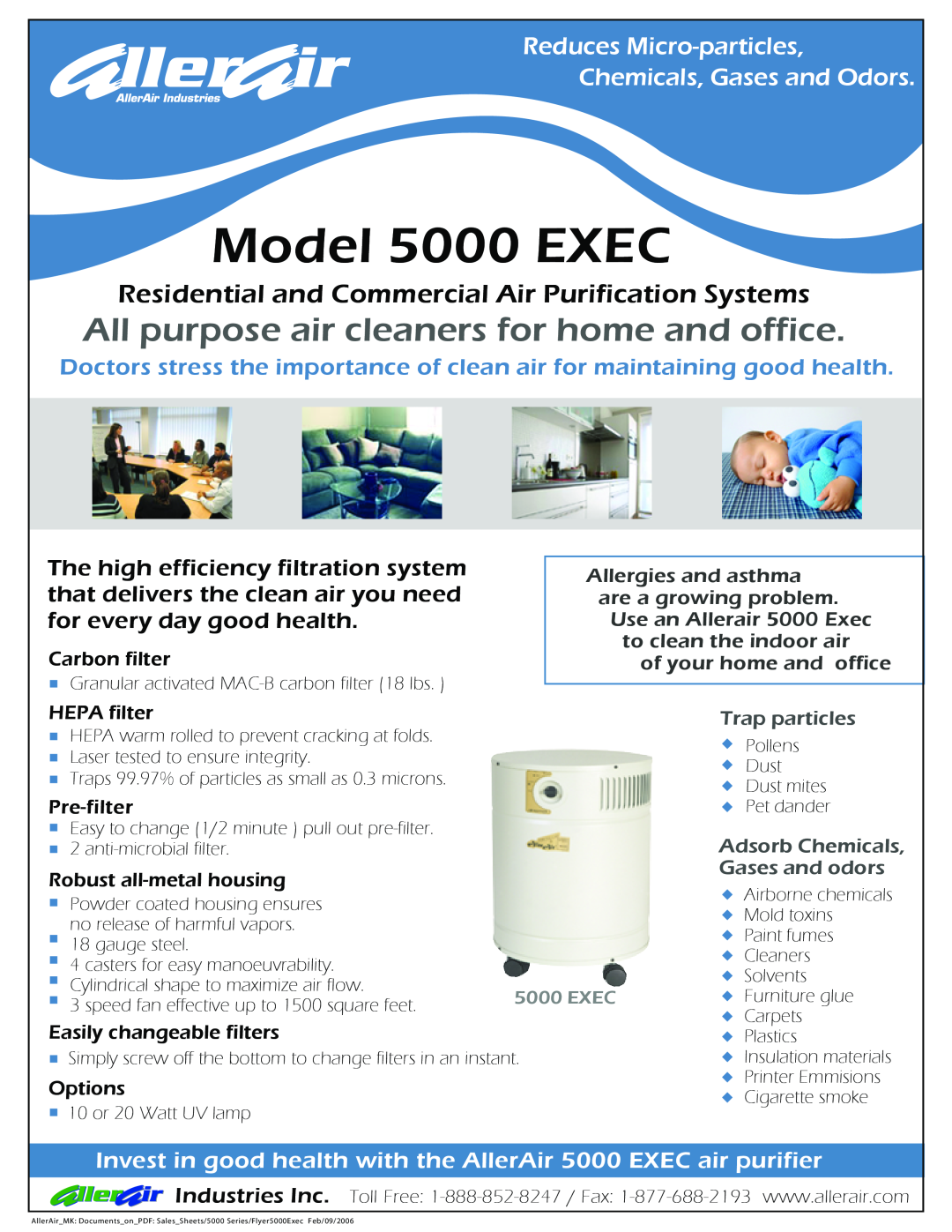 AllerAir 5000 EXEC manual Carbon filter, HEPA filter, Pre-filter, Robust all-metalhousing, Easily changeable filters, Exec 