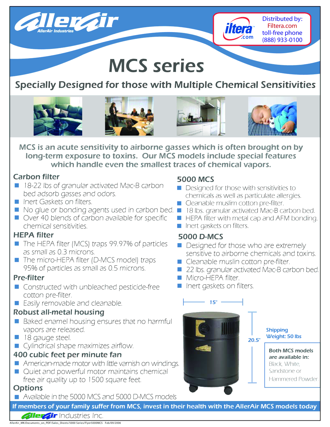 AllerAir 5000 D-MCS manual Carbon filter, 5000 MCS, Hepa filter, Pre-filter, Mcs, Robust all-metal housing, Options 