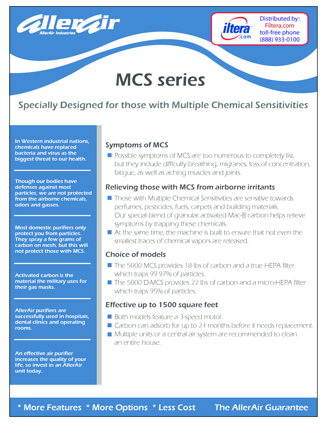 AllerAir 5000 MCS, 5000 D-MCS manual Symptoms of MCS, Relieving those with MCS from airborne irritants, Choice of models 