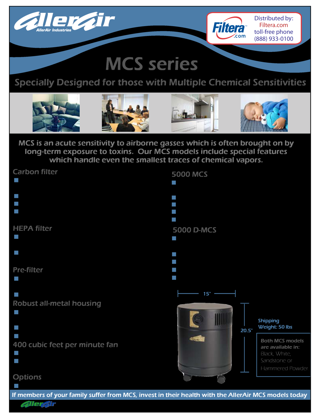 AllerAir 5000 D-MCS manual Carbon filter, 5000 MCS, HEPA filter, Pre-filter, D-Mcs, Robust all-metalhousing, Options 