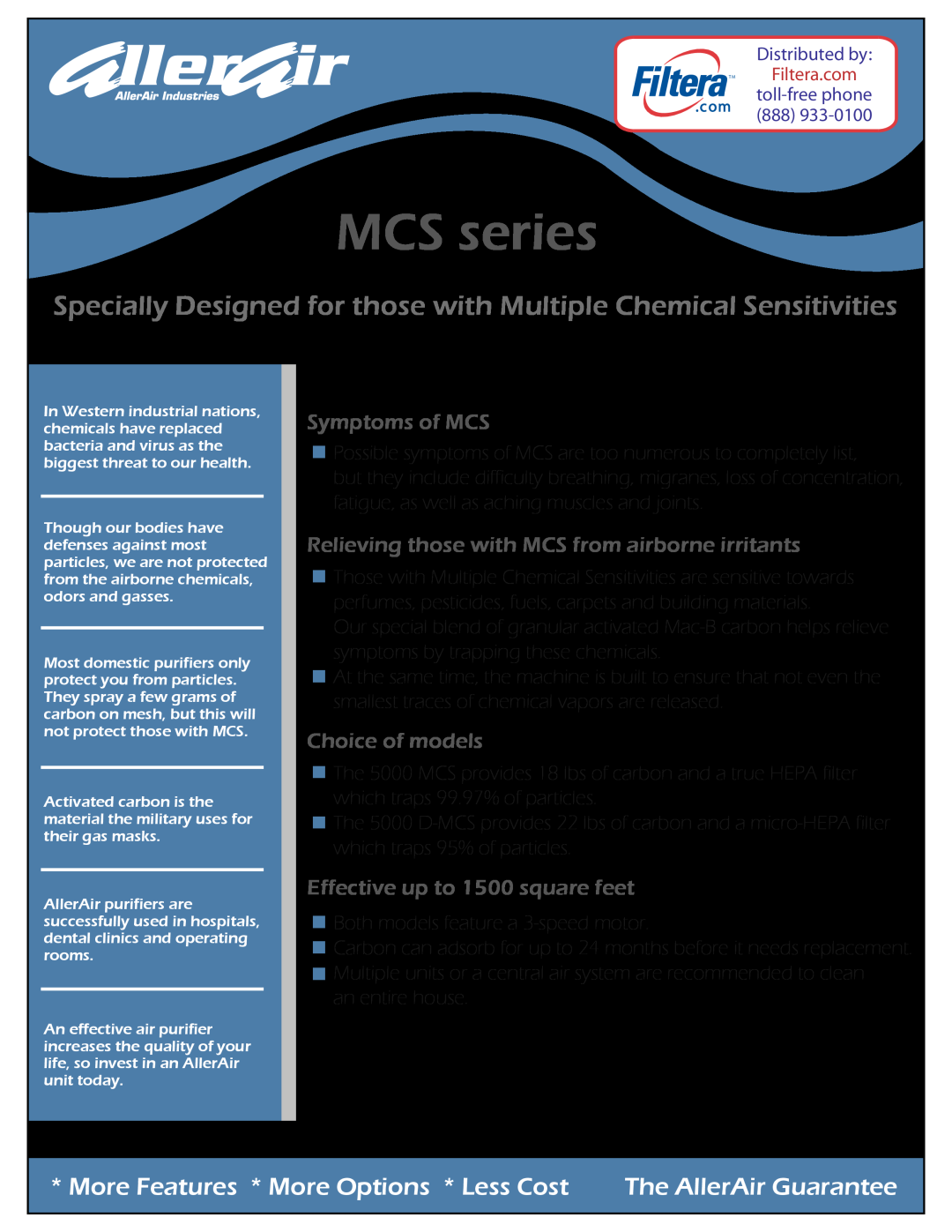 AllerAir 5000 MCS manual Symptoms of MCS, Relieving those with MCS from airborne irritants, Choice of models, MCS series 