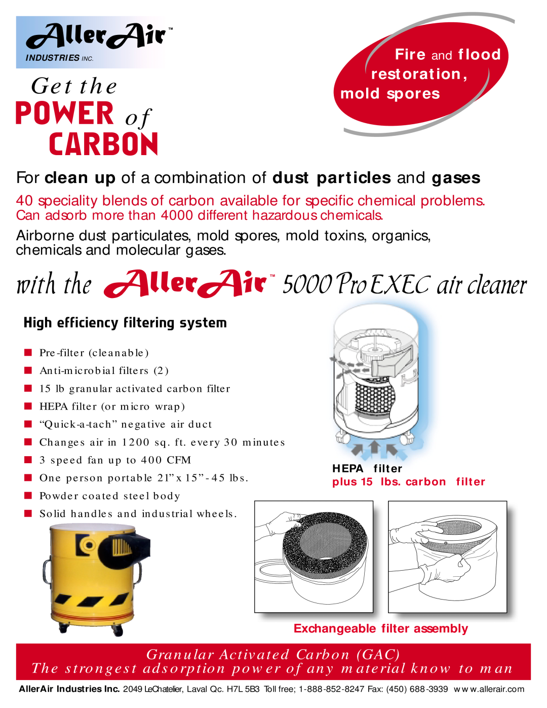 AllerAir manual HEPA filter, POWER of CARBON, with the 5000 Pro EXEC air cleaner, Get the, Fire and flood, restoration 