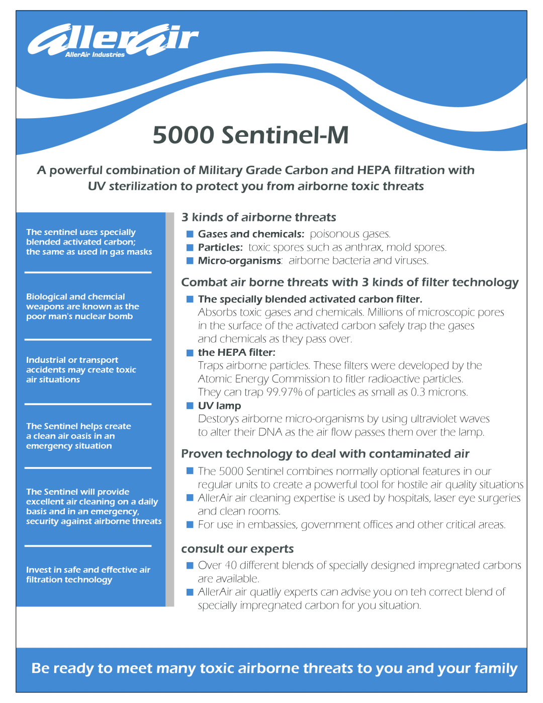 AllerAir 5000 Sentinel-M kinds of airborne threats, Proven technology to deal with contaminated air, consult our experts 