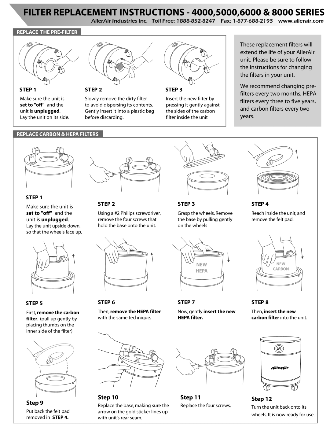 AllerAir 8000 Series, 5000 Series manual Step, Set to off 