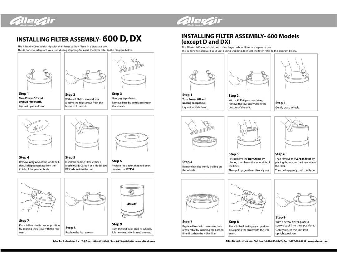 AllerAir manual Installing Filter ASSEMBLY- 600 D, DX, Installing Filter ASSEMBLY- 600 Models except D and DX, Step 