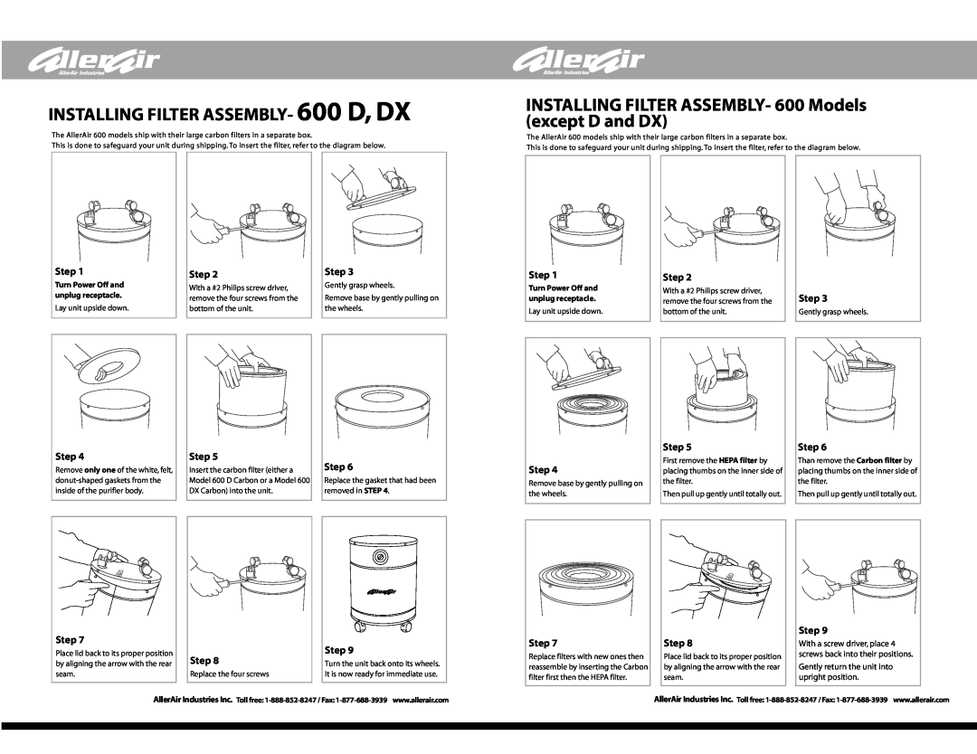 AllerAir 600 DX manual INSTALLING FILTER ASSEMBLY- 600 D, DX, Step 