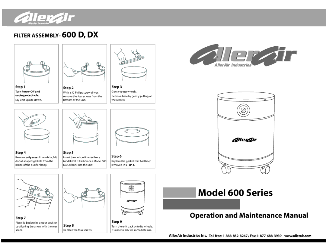 AllerAir manual Model 600 Series, Operation and Maintenance Manual, Filter ASSEMBLY- 600 D, DX 