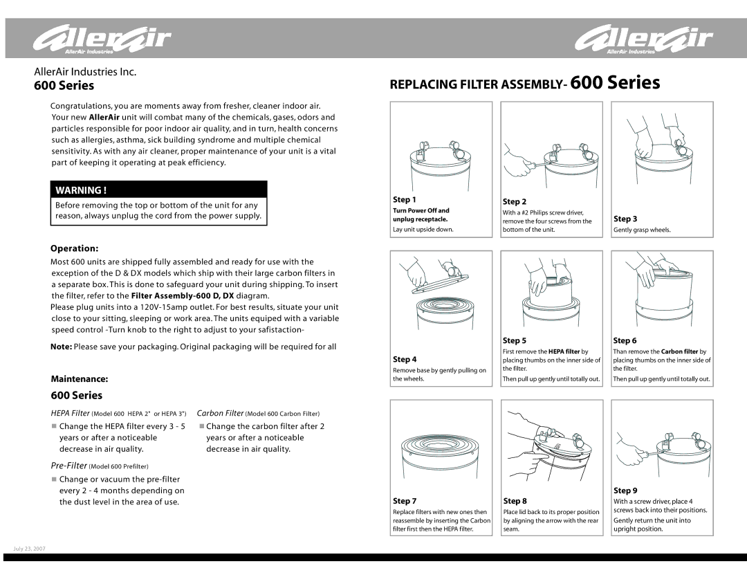 AllerAir manual Replacing Filter ASSEMBLY- 600 Series, Operation, Maintenance 