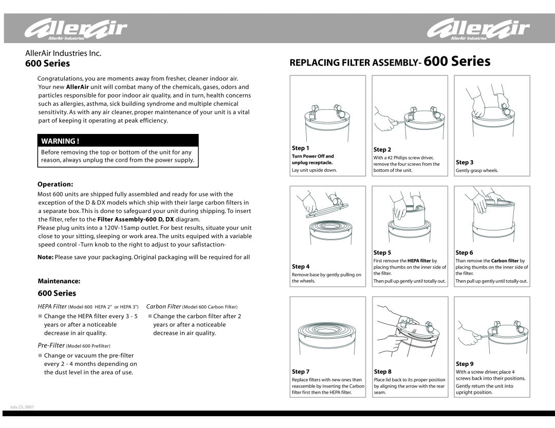 AllerAir manual REPLACING FILTER ASSEMBLY- 600 Series, AllerAir Industries Inc, Operation, Maintenance, Step 