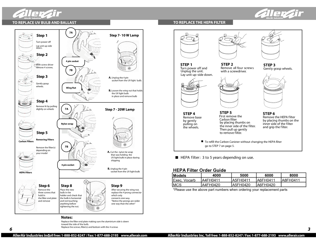 AllerAir 5000, 6000 warranty Hepa Filter Order Guide, To Replace UV Bulb and Ballast To Replace the Hepa Filter, Step 