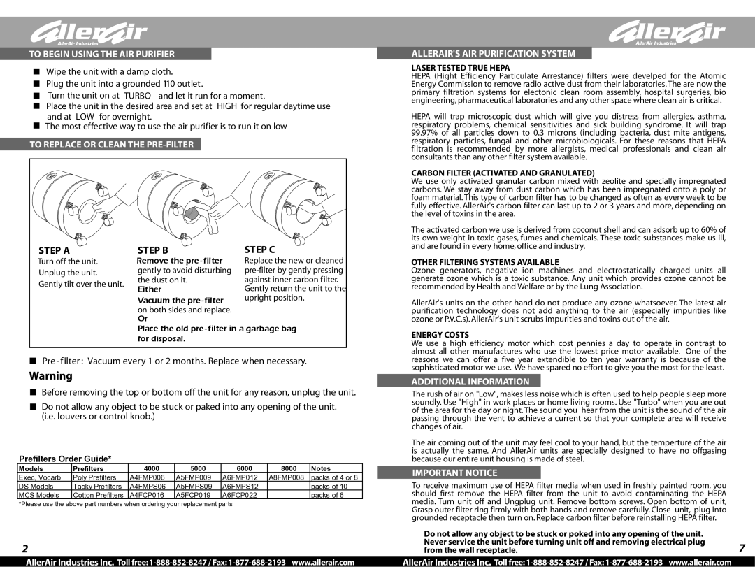 AllerAir 6000, 5000 To Begin Using the AIR Purifier, Additional Information, Important Notice, Prefilters Order Guide 