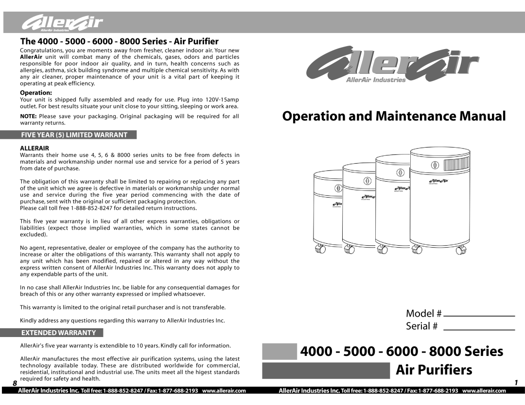 AllerAir warranty Operation and Maintenance Manual, 4000 - 5000 - 6000 - 8000 Series Air Purifiers, Model # Serial # 