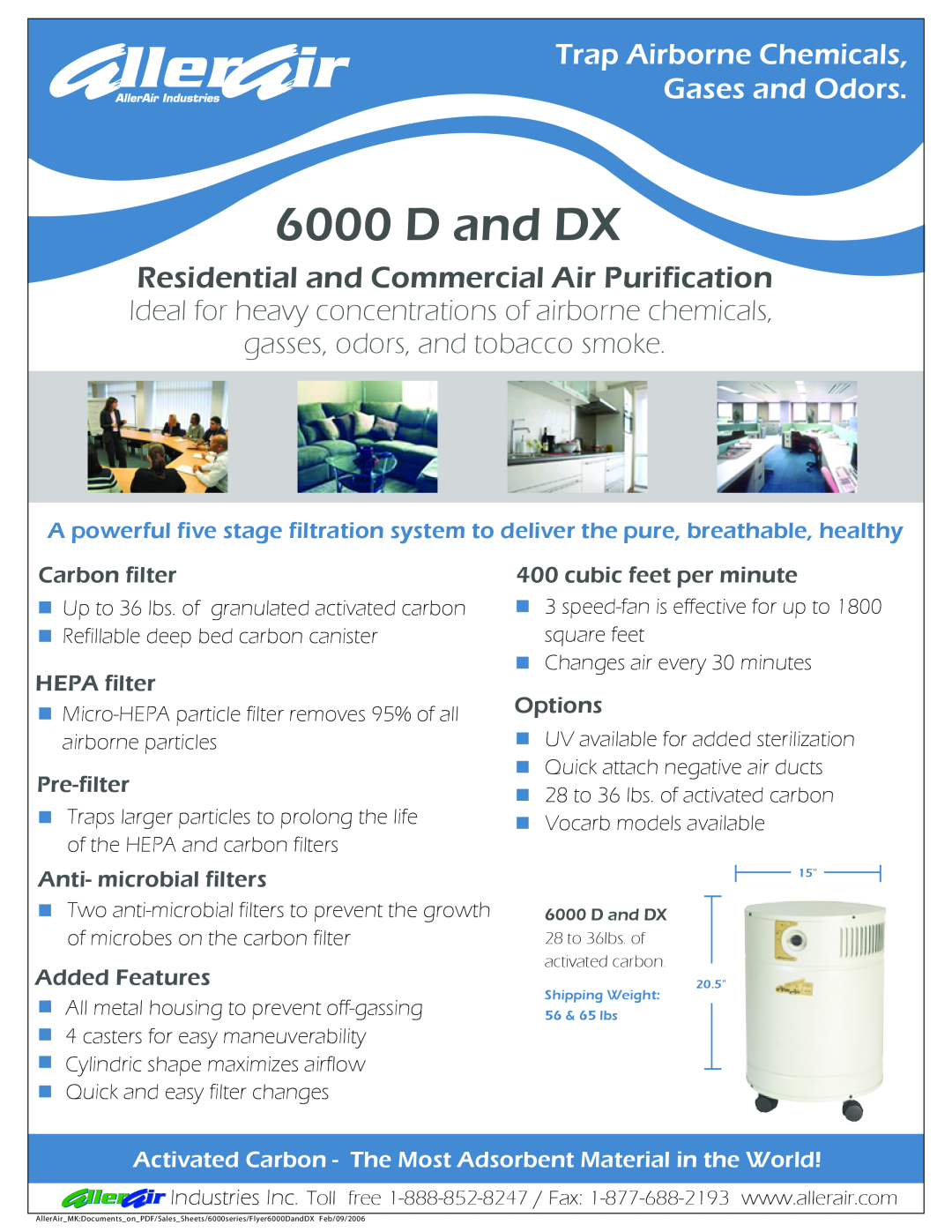 AllerAir 6000 D manual D and DX, Residential and Commercial Air Purification, Trap Airborne Chemicals Gases and Odors 