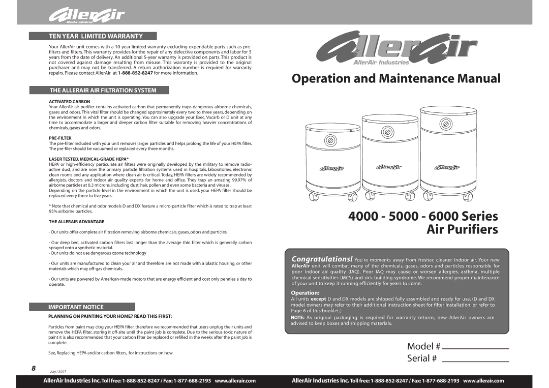 AllerAir 4000 Series, 6000 Series warranty Allerair AIR Filtration System, Important Notice 